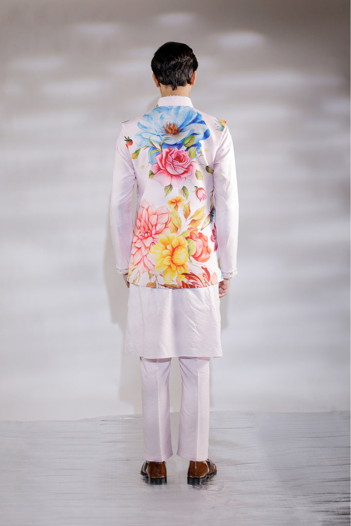 ILTAZAH EMBROIDERED KURTA PAJAMA AND PRINTED NEHRU SET