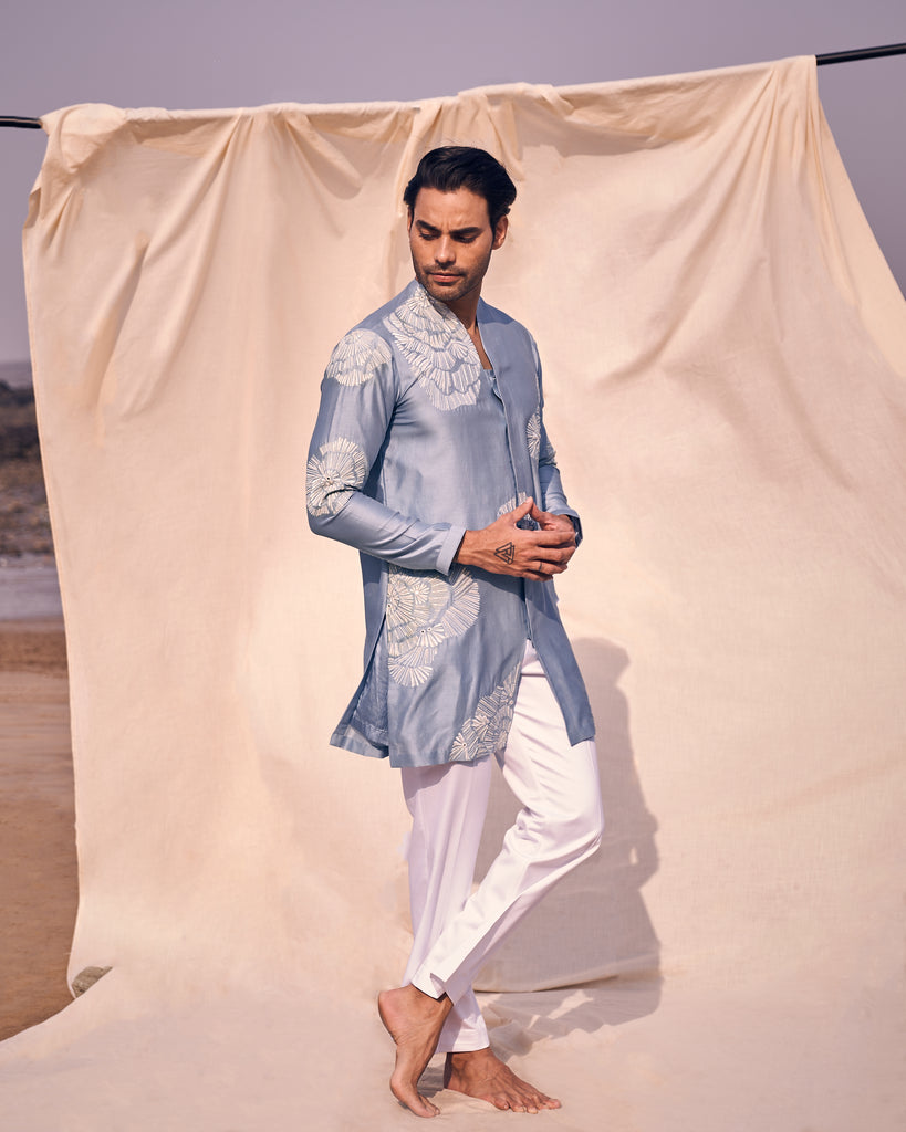 SHORT FRONT OPEN KURTA WITH FLORAL EMBROIDERY