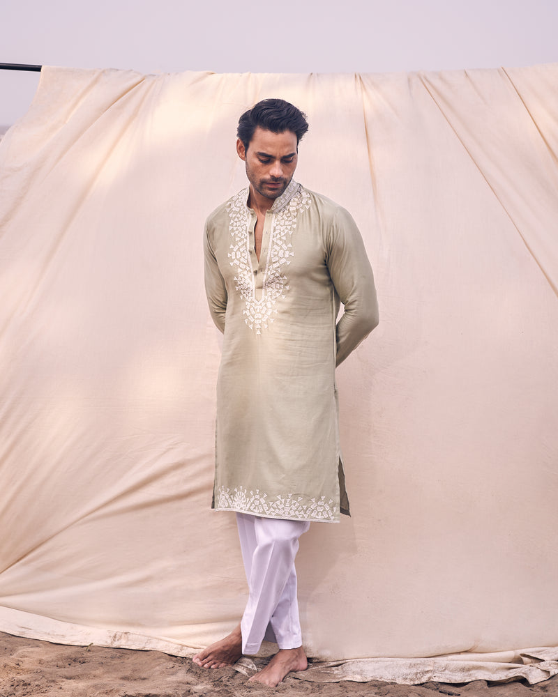 APPLIQUE WORK PISTA GREEN SILK KURTA SET