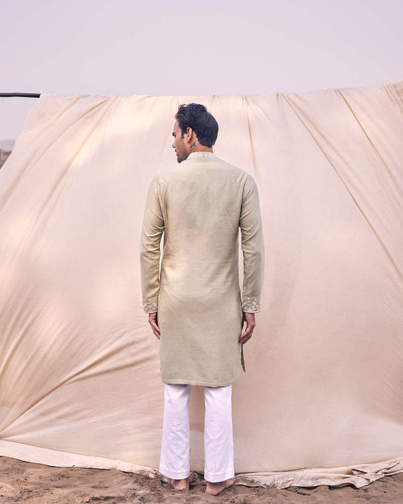 APPLIQUE WORK PISTA GREEN SILK KURTA SET