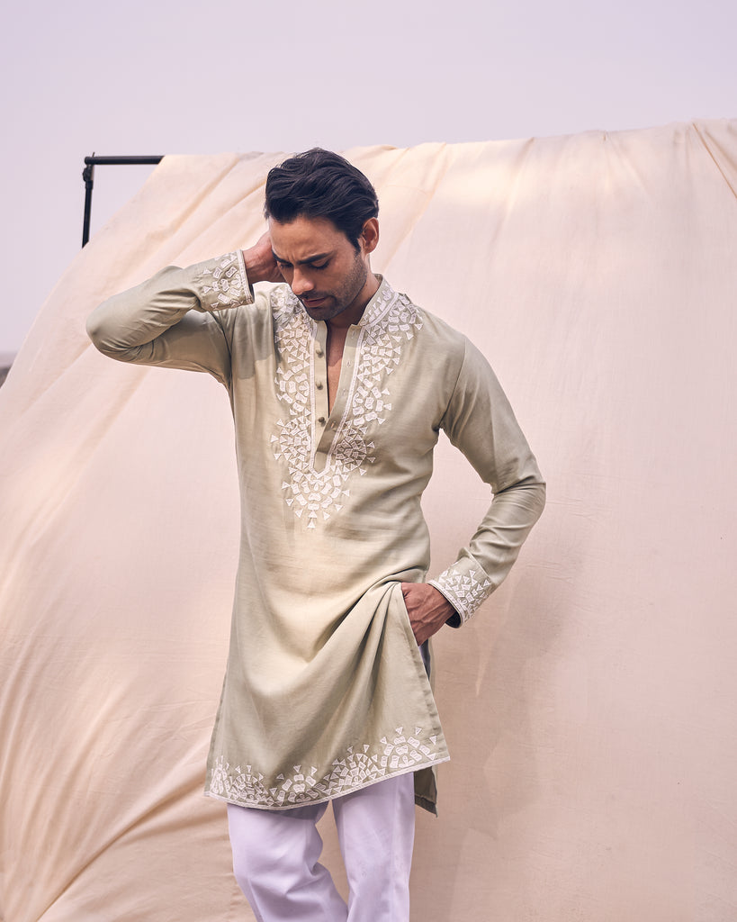 APPLIQUE WORK PISTA GREEN SILK KURTA SET