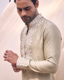 APPLIQUE WORK PISTA GREEN SILK KURTA SET