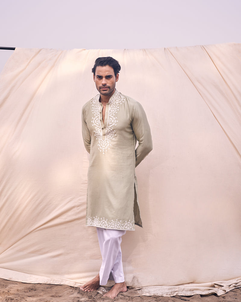 APPLIQUE WORK PISTA GREEN SILK KURTA SET