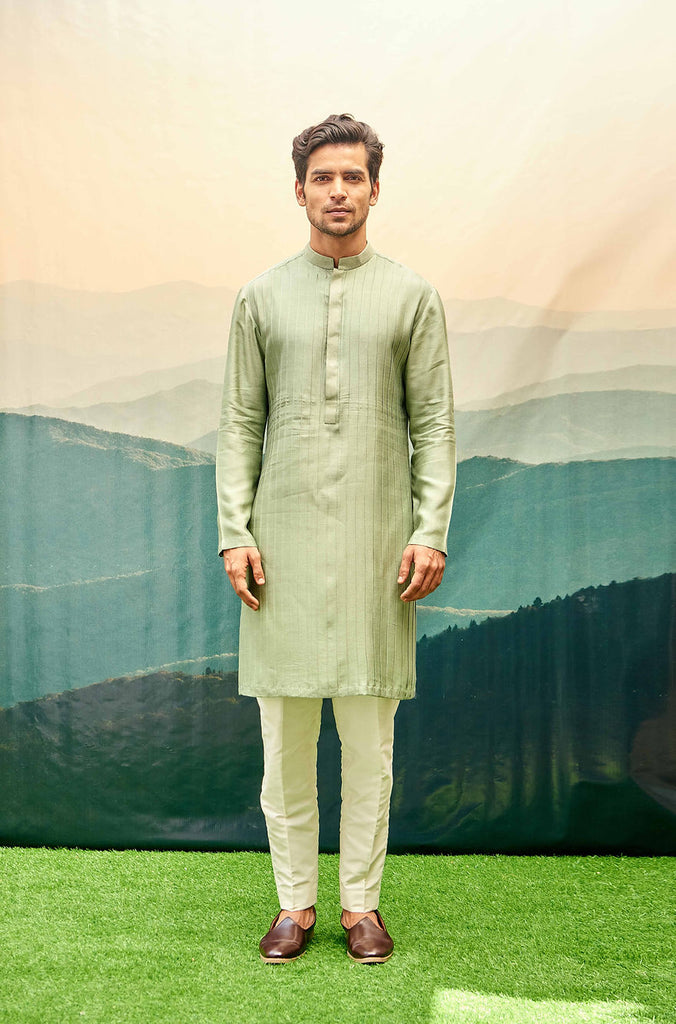 TEA GREEN KURTA SET WITH PIN TUCKS