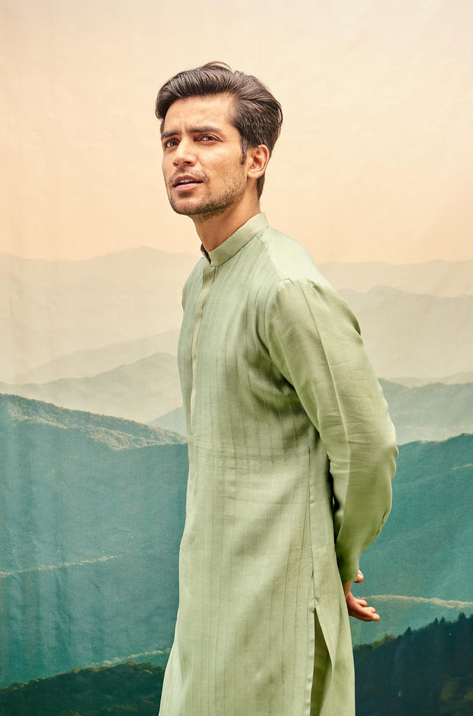 TEA GREEN KURTA SET WITH PIN TUCKS