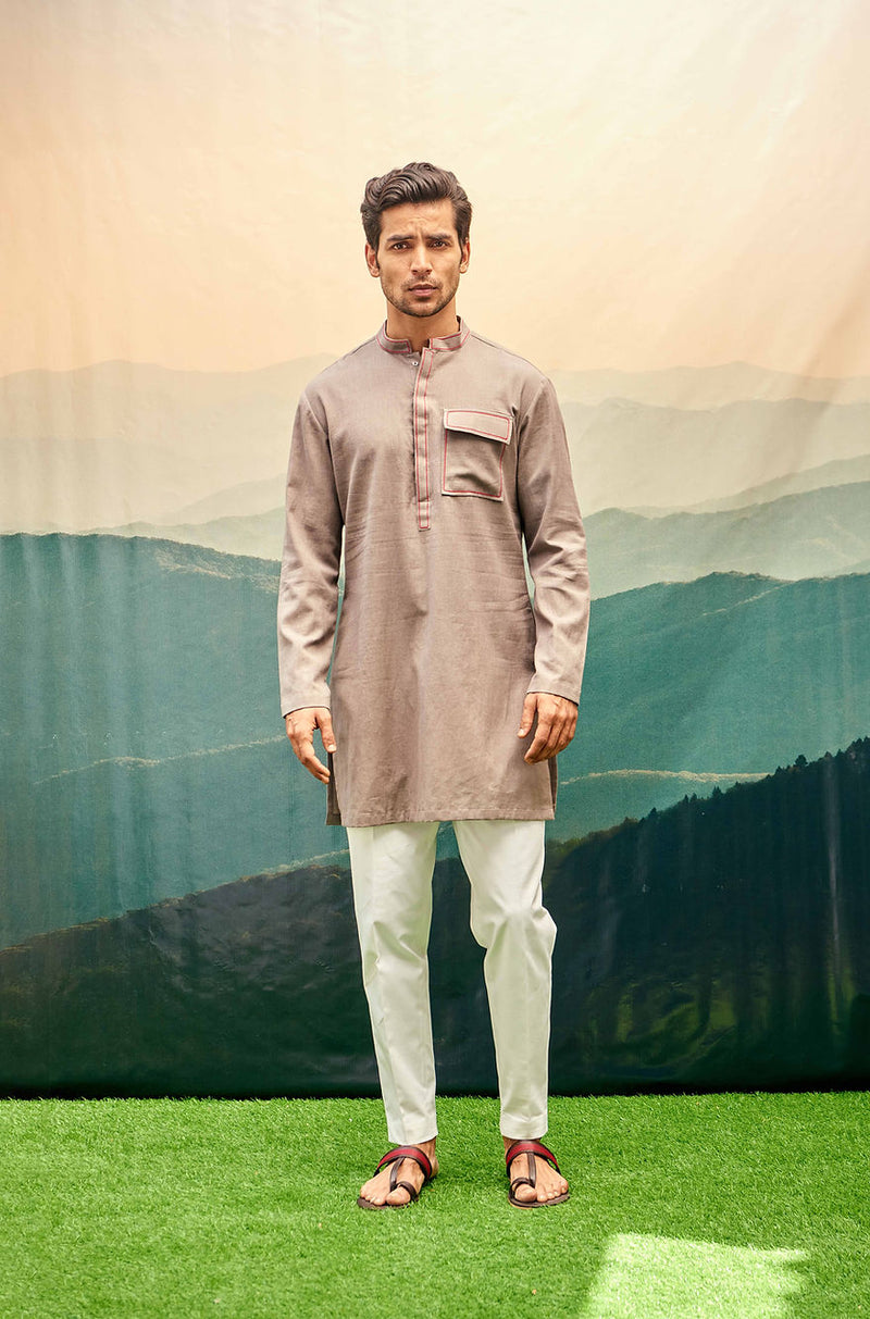MUSHROOM GREY KURTA SET WITH RED OUTLINE AND PATCH POCKET