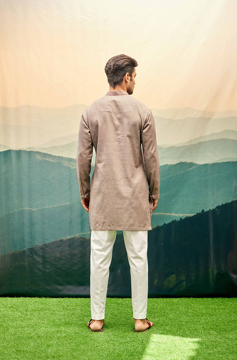 MUSHROOM GREY KURTA SET WITH RED OUTLINE AND PATCH POCKET