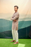 MUSHROOM GREY KURTA SET WITH RED OUTLINE AND PATCH POCKET