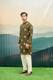Olive Green Kurta Set with ring tie-dye motifs and red line detail