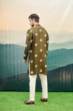 Olive Green Kurta Set with ring tie-dye motifs and red line detail