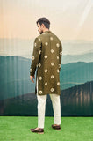 OLIVE GREEN KURTA SET WITH RING TIE-DYE MOTIFS AND RED LINE DETAIL