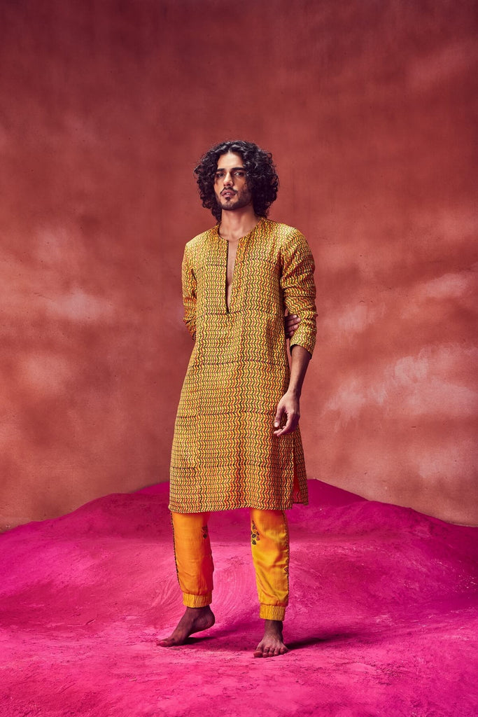 YELLOW PRINTED KURTA WITH JOGGERS
