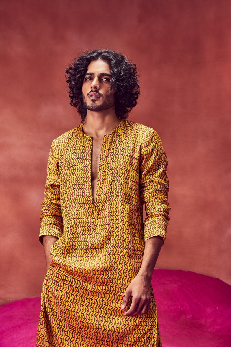 YELLOW PRINTED KURTA WITH JOGGERS