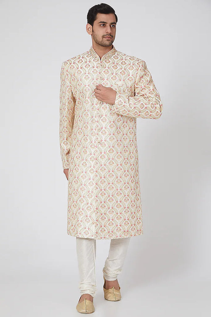 WHITE ZARI EMBROIDERED SHERWANI SET