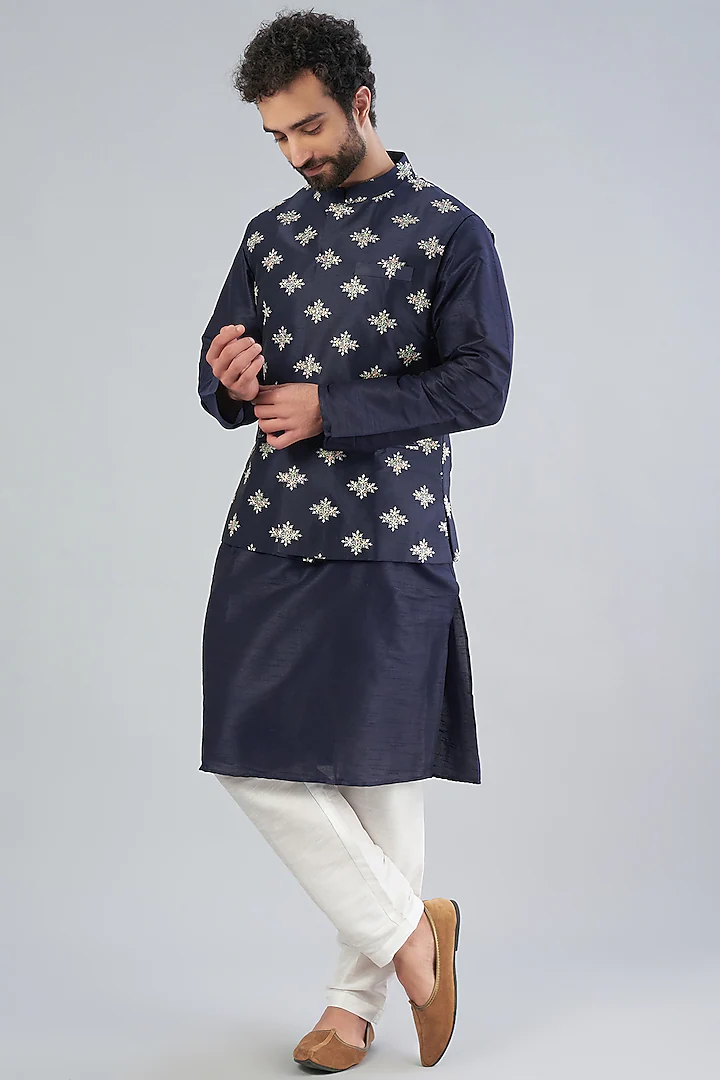 ROYAL BLUE EMBROIDERED BUNDI JACKET WITH KURTA SET