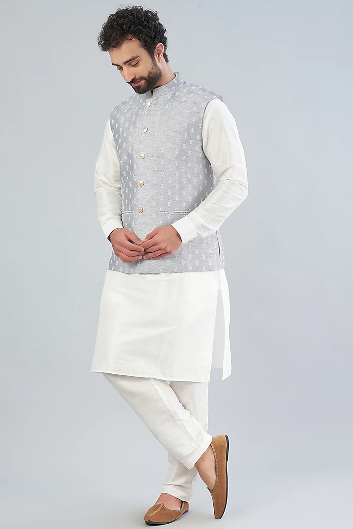 POWDER BLUE EMBROIDERED BUNDI JACKET WITH KURTA SET