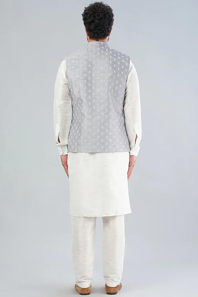 POWDER BLUE EMBROIDERED BUNDI JACKET WITH KURTA SET