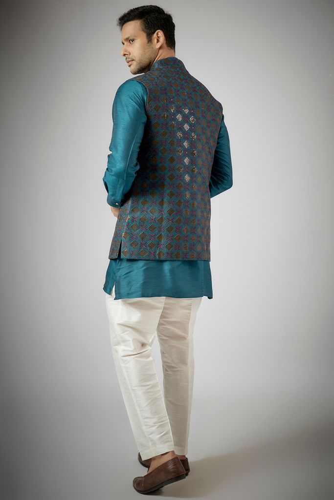 COBALT BLUE EMBROIDERED KURTA-JACKET SET