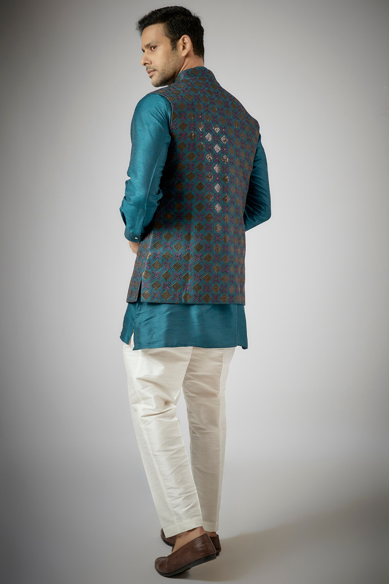 COBALT BLUE EMBROIDERED KURTA-JACKET SET
