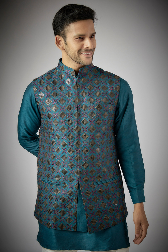 COBALT BLUE EMBROIDERED KURTA-JACKET SET