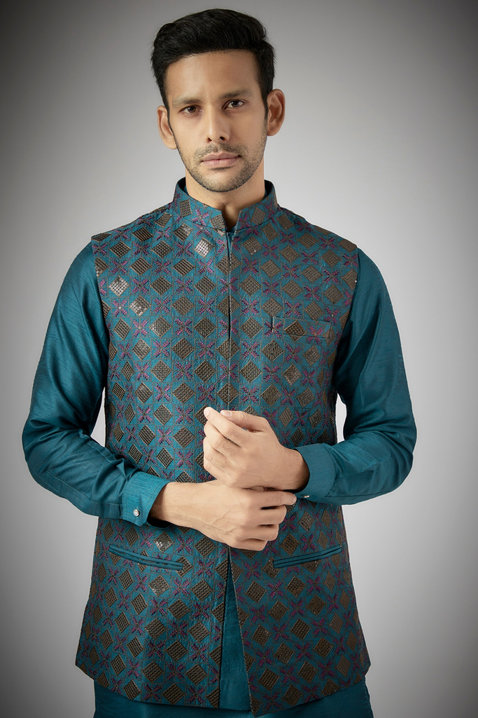 COBALT BLUE EMBROIDERED KURTA-JACKET SET