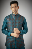 COBALT BLUE EMBROIDERED KURTA-JACKET SET