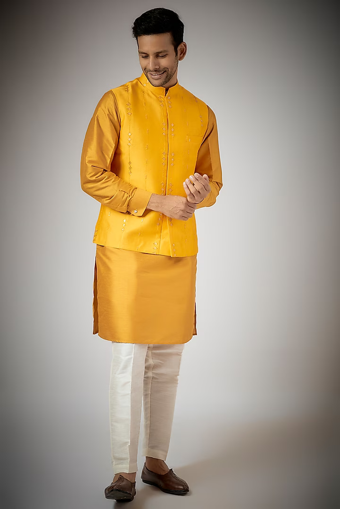 MUSTARD EMBROIDERED KURTA-JACKET SET