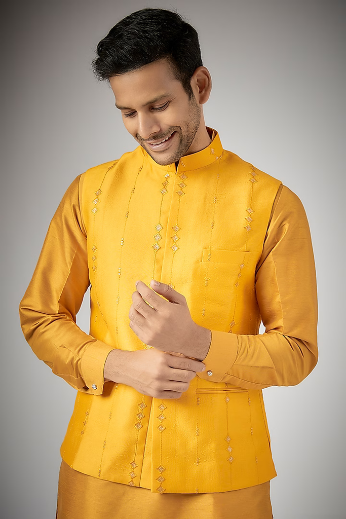 MUSTARD EMBROIDERED KURTA-JACKET SET