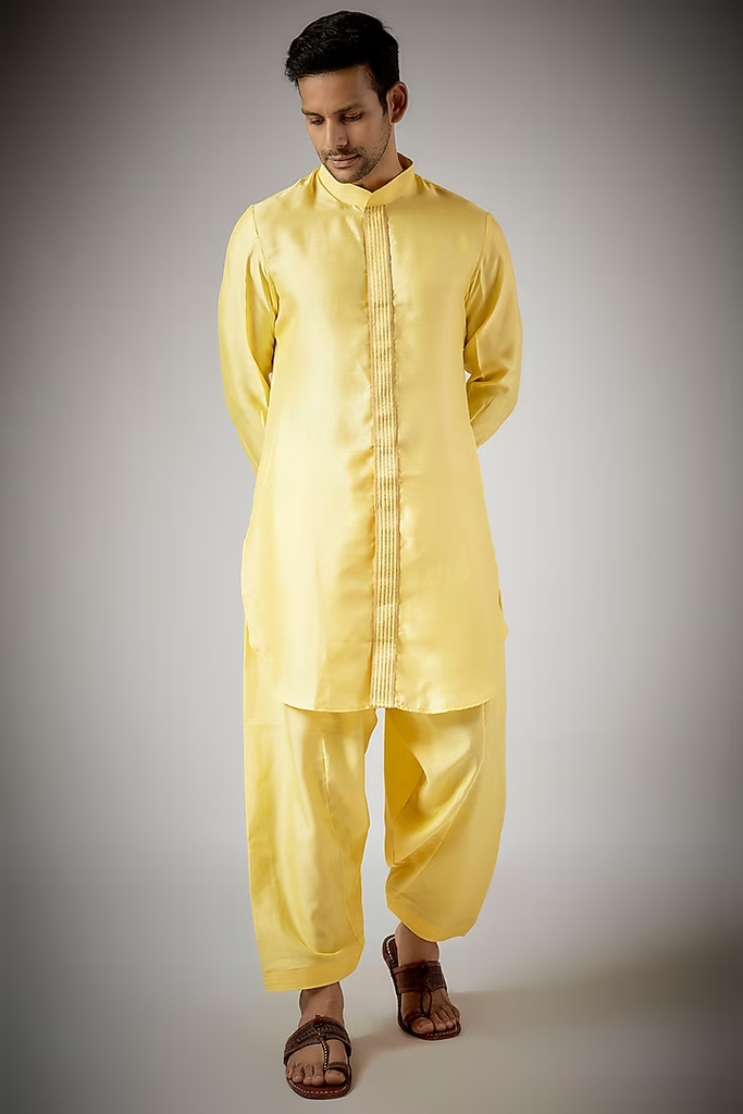 YELLOW EMBROIDERED KURTA-PATHANI SET
