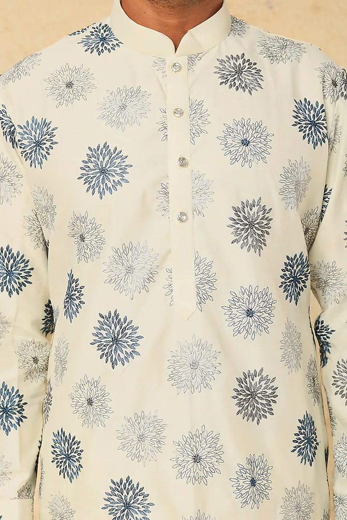 OFF WHITE COTTON LINEN EMBROIDERED KURTA SET