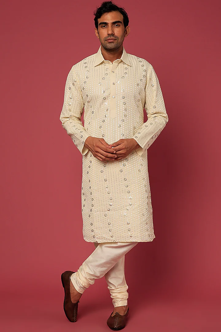 BEIGE EMB. SHIRT COLLAR KURTA SET