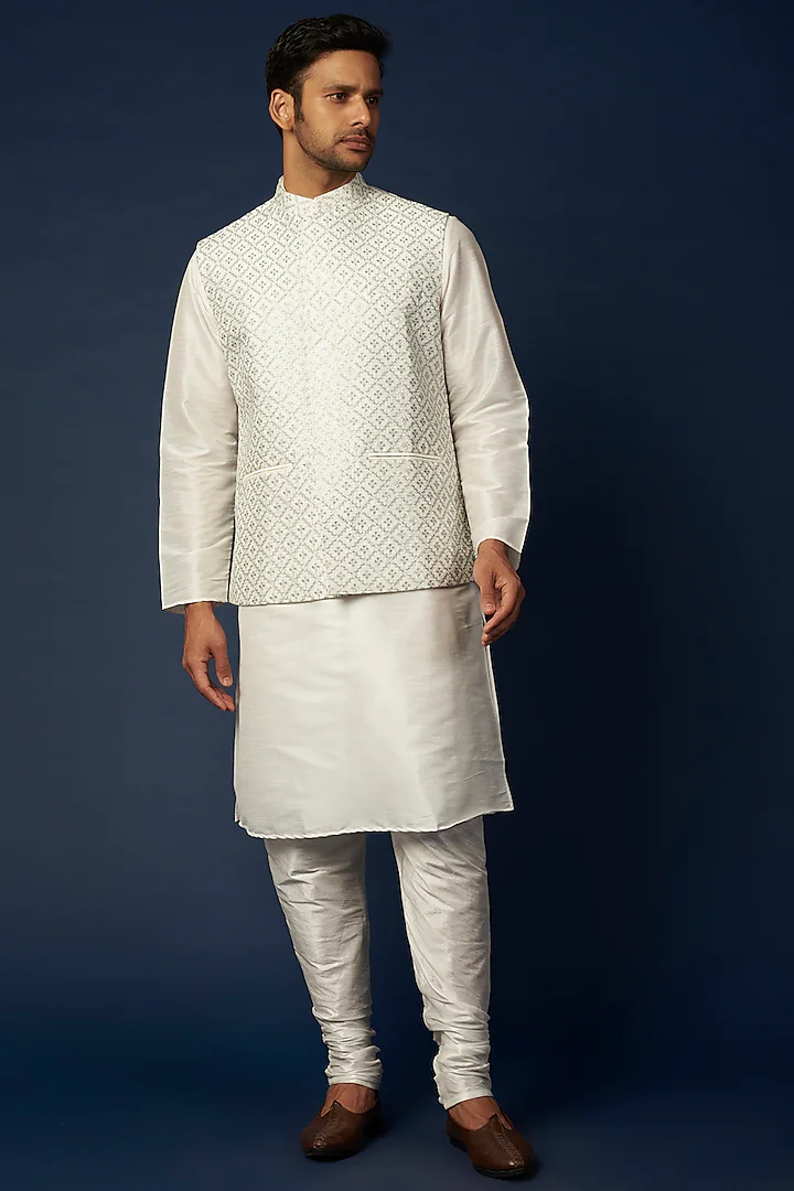 OFF WHITE EMB. KURTA JACKET SET