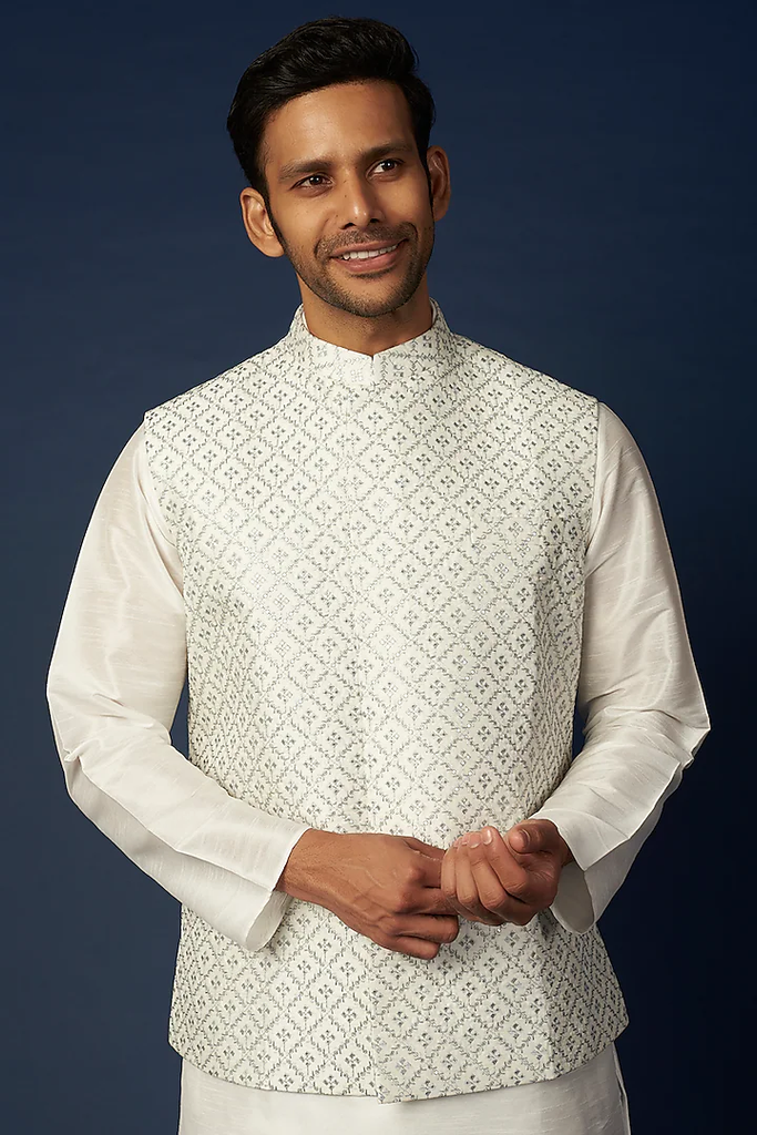 OFF WHITE EMB. KURTA JACKET SET