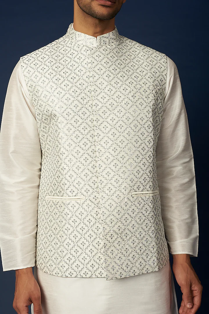 OFF WHITE EMB. KURTA JACKET SET