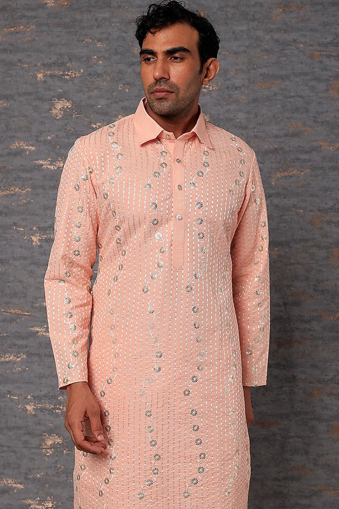 PINK EMB. SHIRT COLLAR KURTA SET