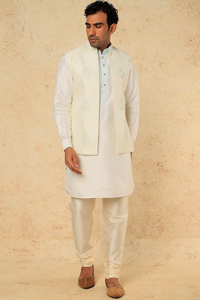 CREAM AND TURQUOISE EMB. KURTA-JACKET SET