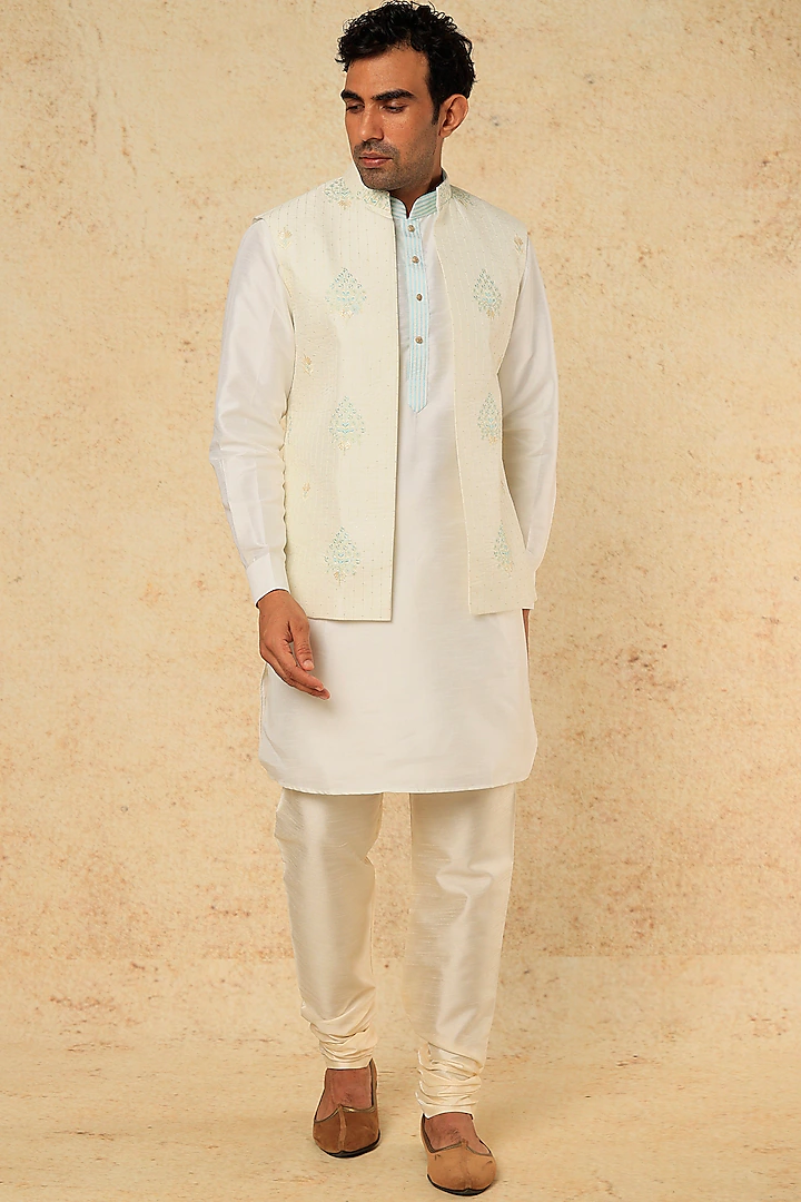 CREAM AND TURQUOISE EMB. KURTA-JACKET SET