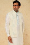 CREAM AND TURQUOISE EMB. KURTA-JACKET SET