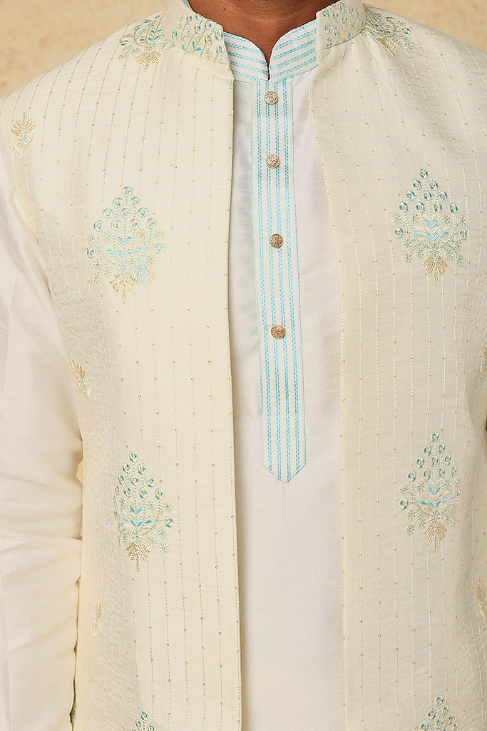 CREAM AND TURQUOISE EMB. KURTA-JACKET SET