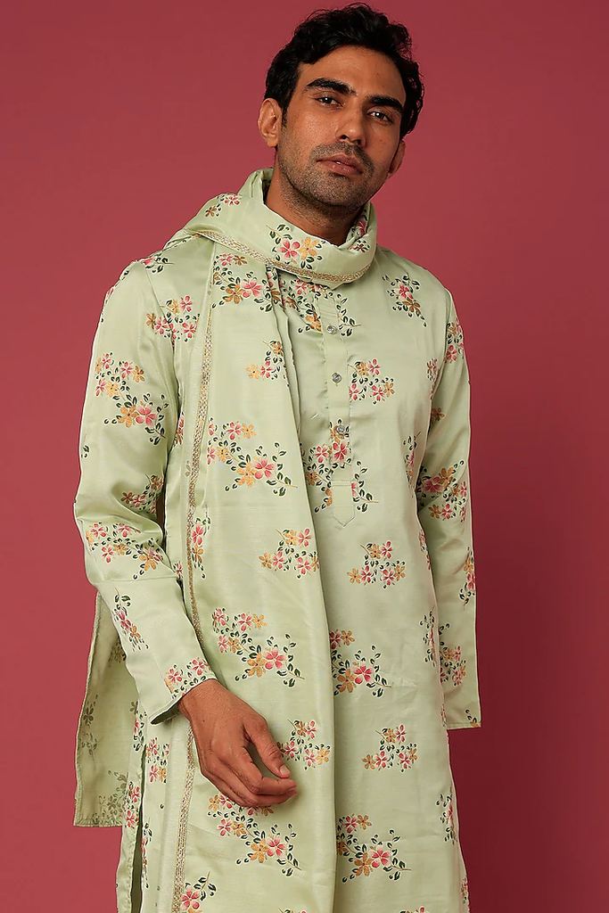 PISTA GREEN FLORAL KURTA-DUPATTA SET