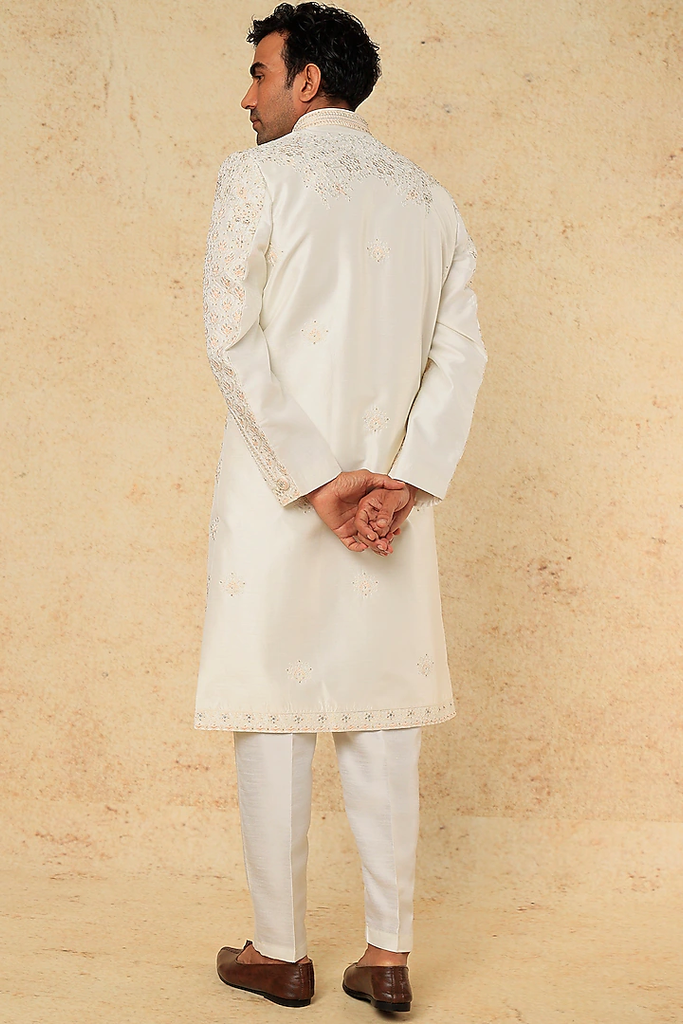 OFF WHITE AND PEACH EMB. SHERWANI SET