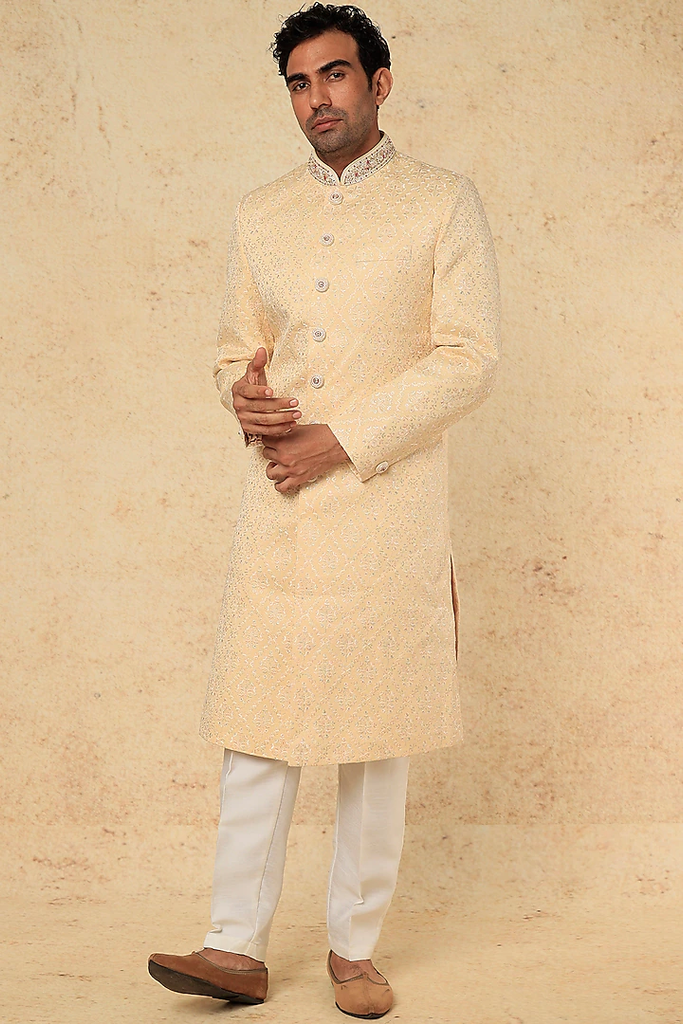 BEIGE EMB. SHERWANI SET