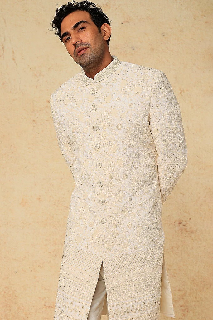 OFF WHITE EMB. SHERWANI SET
