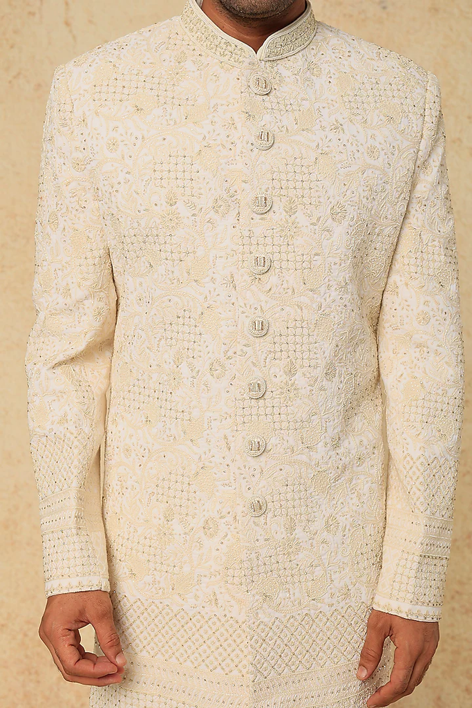 OFF WHITE EMB. SHERWANI SET