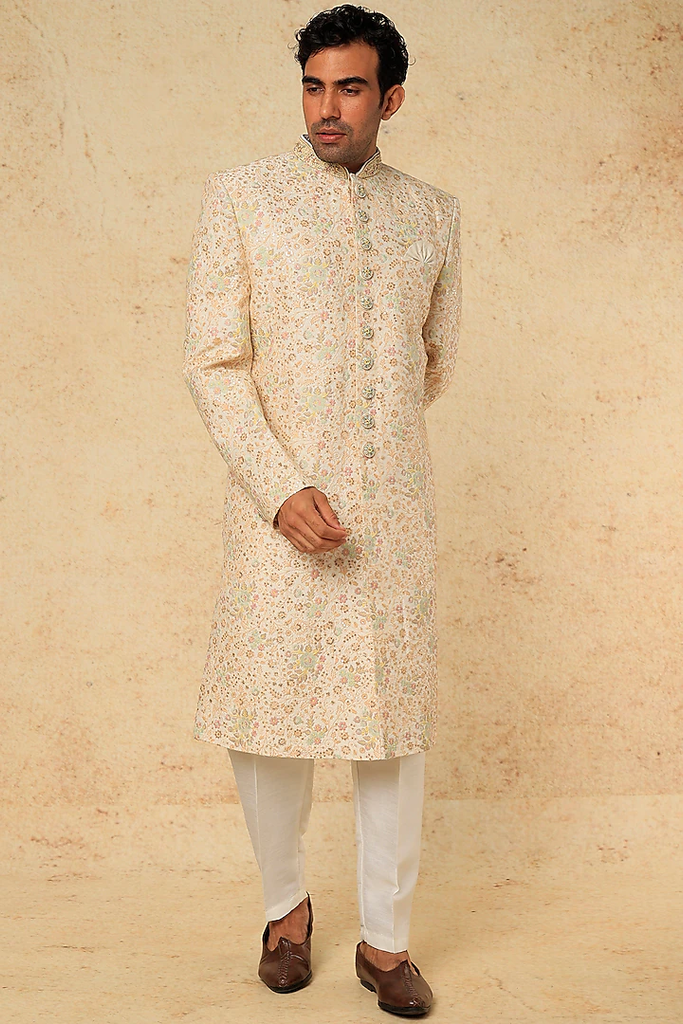CREAM EMB. SHERWANI SET