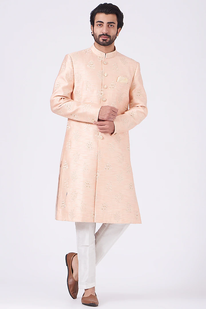 SALMON PINK EMBROIDERED ACHKAN SET