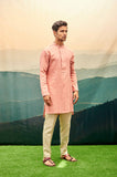 Salmon Pink Kurta Set with vertical red band on back