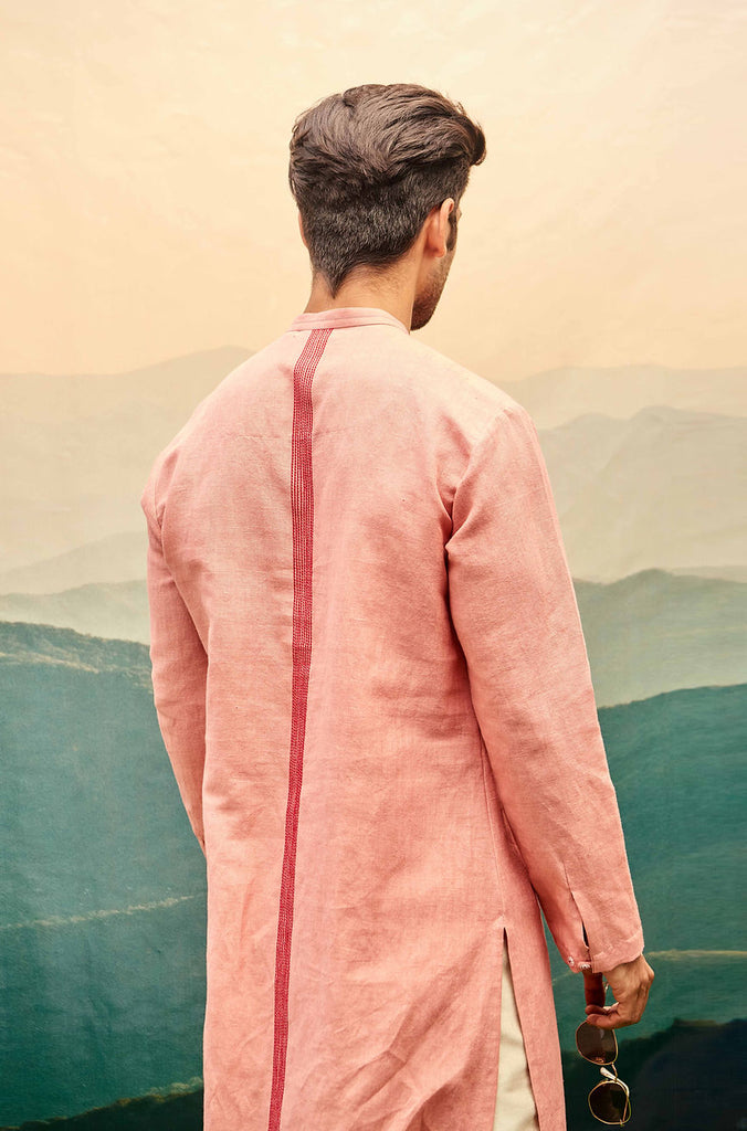 SALMON PINK KURTA SET WITH VERTICAL RED BAND ON BACK