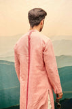 SALMON PINK KURTA SET WITH VERTICAL RED BAND ON BACK