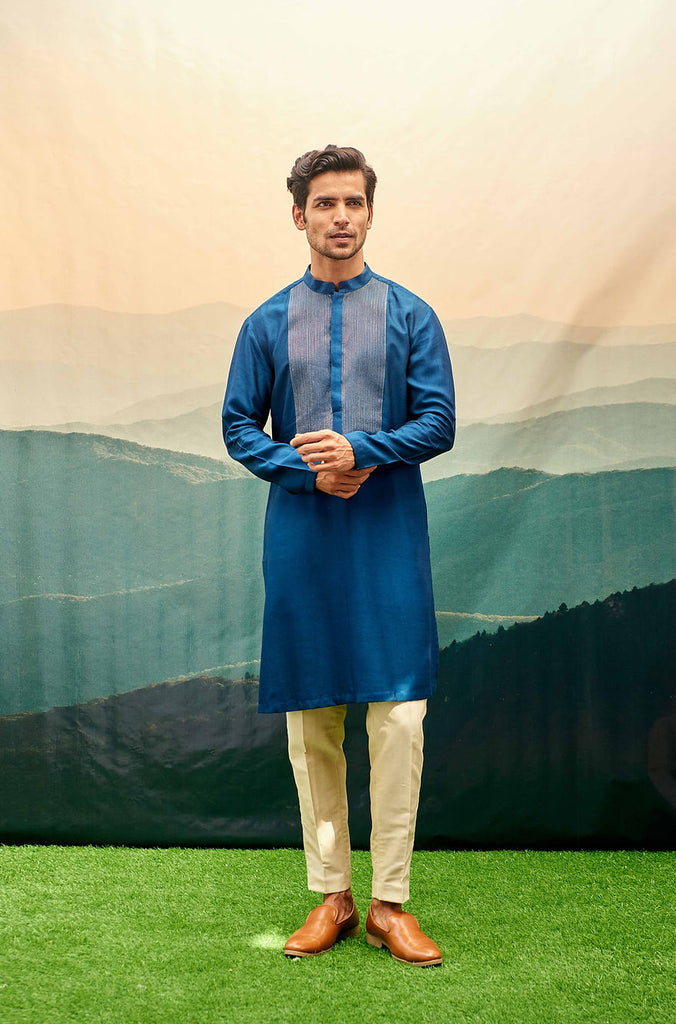 SAPPHIRE BLUE KURTA SET WITH GOLD STROKES ON YOKE